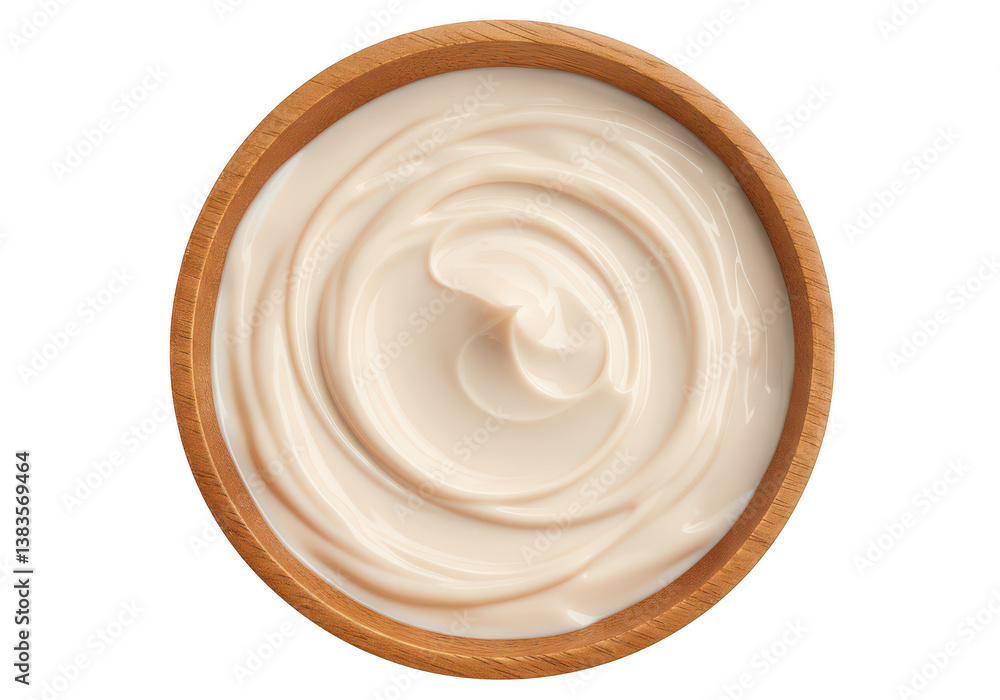 Aerial view of creamy white substance in a wooden bowl with a swirling pattern on a white background Aerial view of creamy white substance in a wooden bowl with a swirling pattern on a white background