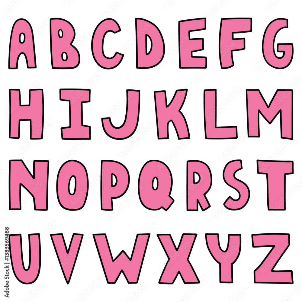 Hand drawn cartoon pink english alphabet on white background. Hand drawn cartoon pink english alphabet on white background.