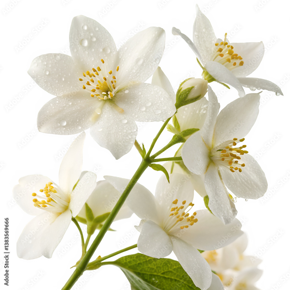 Obraz premium A delicate white jasmine cluster with soft, star-shaped blossoms, releasing a sweet and enchanting fragrance.