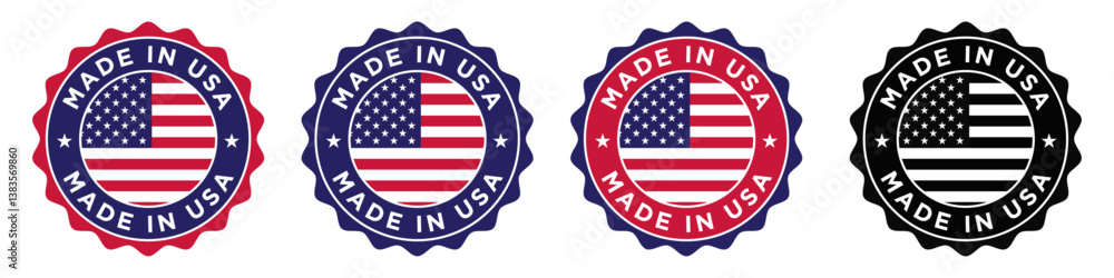 Made in USA badge design featuring circular emblem with American flag, patriotic label, premium quality stamp, vector illustration, certification seal, and product authenticity mark. Made in USA badge design featuring circular emblem with American flag, patriotic label, premium quality stamp, vector illustration, certification seal, and product authenticity mark.