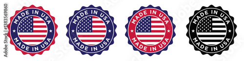 Made in USA badge design featuring circular emblem with American flag, patriotic label, premium quality stamp, vector illustration, certification seal, and product authenticity mark.