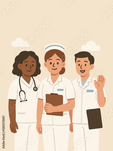 Nurse leadership in times of crisis illustration. Confident medical professionals in scrubs and uniforms standing proudly. International Nurses Day concept, flat design