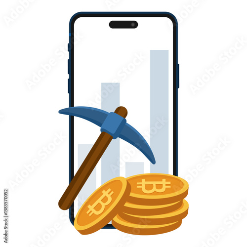 Cryptocurrency mining illustration with pickaxe and bitcoin coins illustrating blockchain validation, digital asset generation, crypto rewards, decentralized finance systems, and fintech technology
