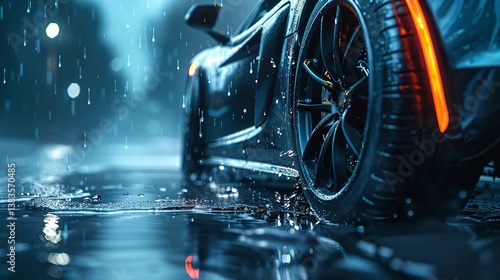 Modern, luxurious and expensive high-speed sports cars seen from the back side, sports car tires.