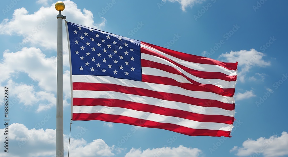 A majestic American flag billowing proudly against a vibrant blue sky, showcasing its rich colors and symbolic design under a bright sunny day. A majestic American flag billowing proudly against a vibrant blue sky, showcasing its rich colors and symbolic design under a bright sunny day.