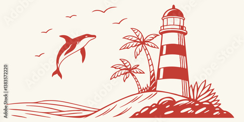 Elegant Dolphin Jumping Near a Classic Lighthouse: Coastal Vector Art for Beach Decor and Marine Themed Projects - Vector
