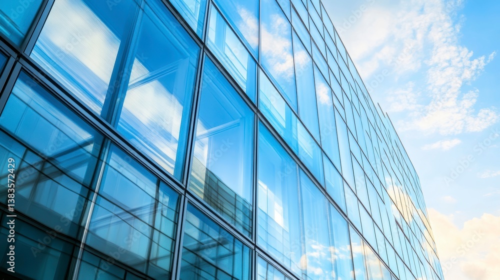 Obraz premium Modern glass skyscraper reflecting blue sky and clouds.