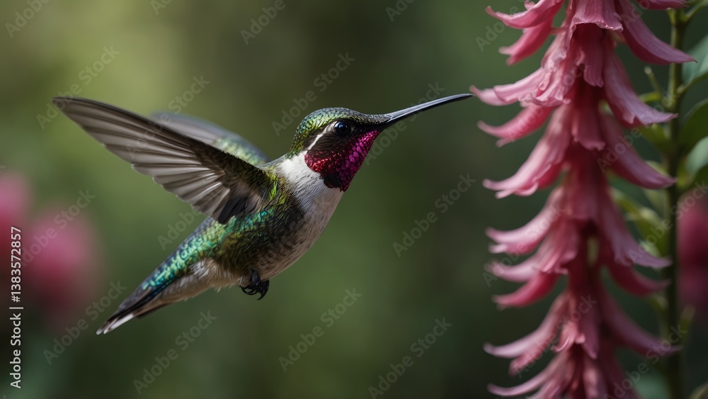 Fototapeta premium Hummingbird Hovering Near Fuchsia Flower Semi-Close Up