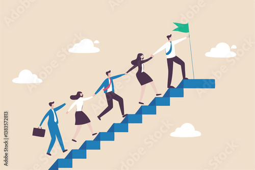 Team support help success, teamwork to progress and success together, company growth step or employee development, team achievement concept, business people team up holding hand help climb up stair.