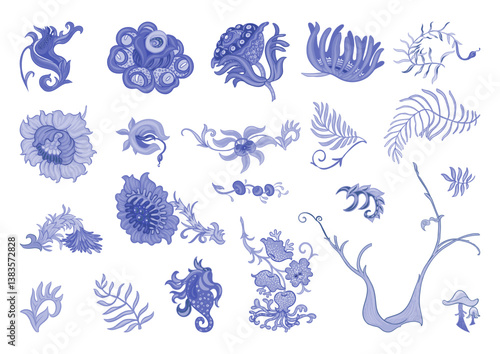 Fantasy, alien hypnotic flowers, decorative flowers and leaves. Cartoon style. Millefleurs trendy floral design. Clip art, set of elements for design Outline hand drawing vector illustration.