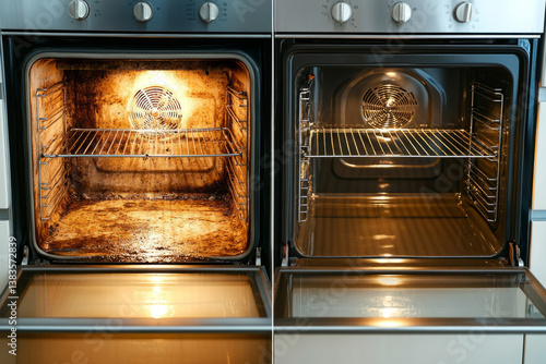 Very dirty oven interior showing improvement after cleaning with before and after comparison