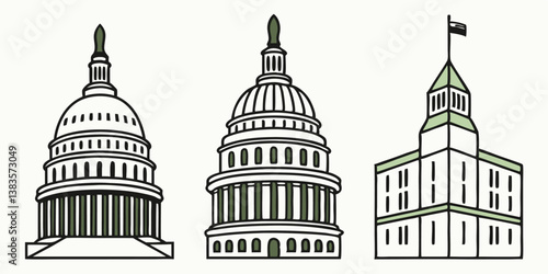 Vector Illustration of Iconic Government Buildings: Capitol Dome, State House, and Historic Architecture Design