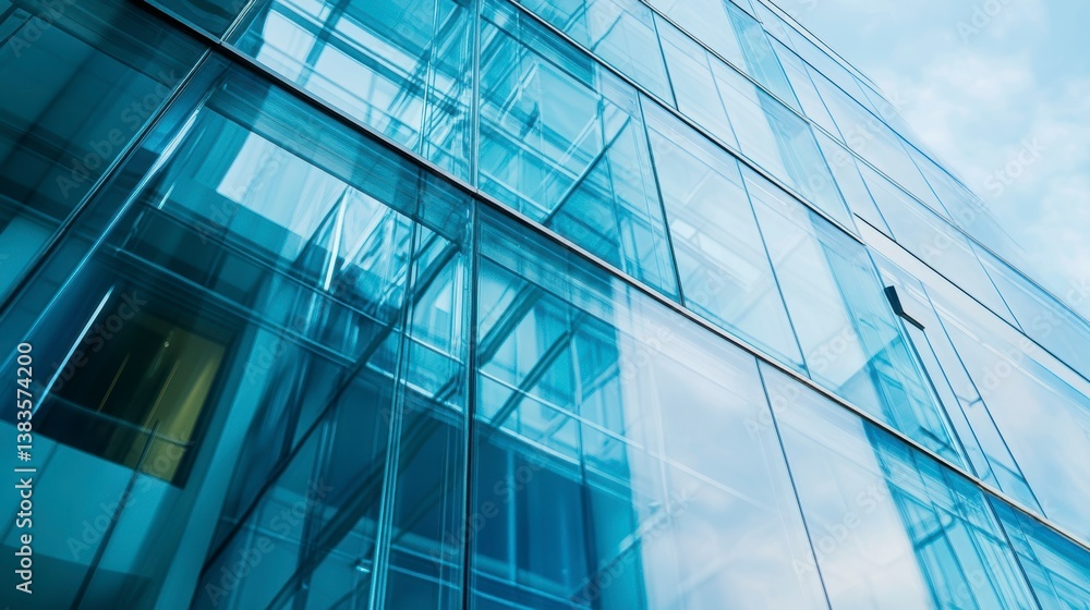 Obraz premium Modern glass building exterior reflecting blue sky.