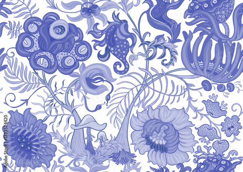 Fantasy, alien hypnotic flowers, decorative flowers and leaves. Cartoon style. Millefleurs trendy floral design. Seamless pattern, background. Outline hand drawing vector illustration.