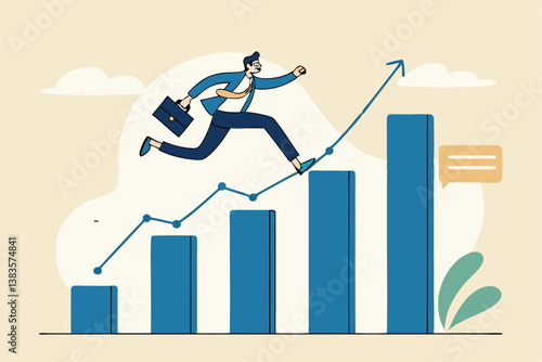 Business growth, challenge to success, career growing achievement, ambition or aspiration to achieve goal, development effort, improvement or winner step concept, businessman running up growth chart.