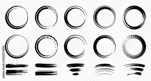 Set Of Hand Drawn Brush Stroke Circle Frames And Lines In Black