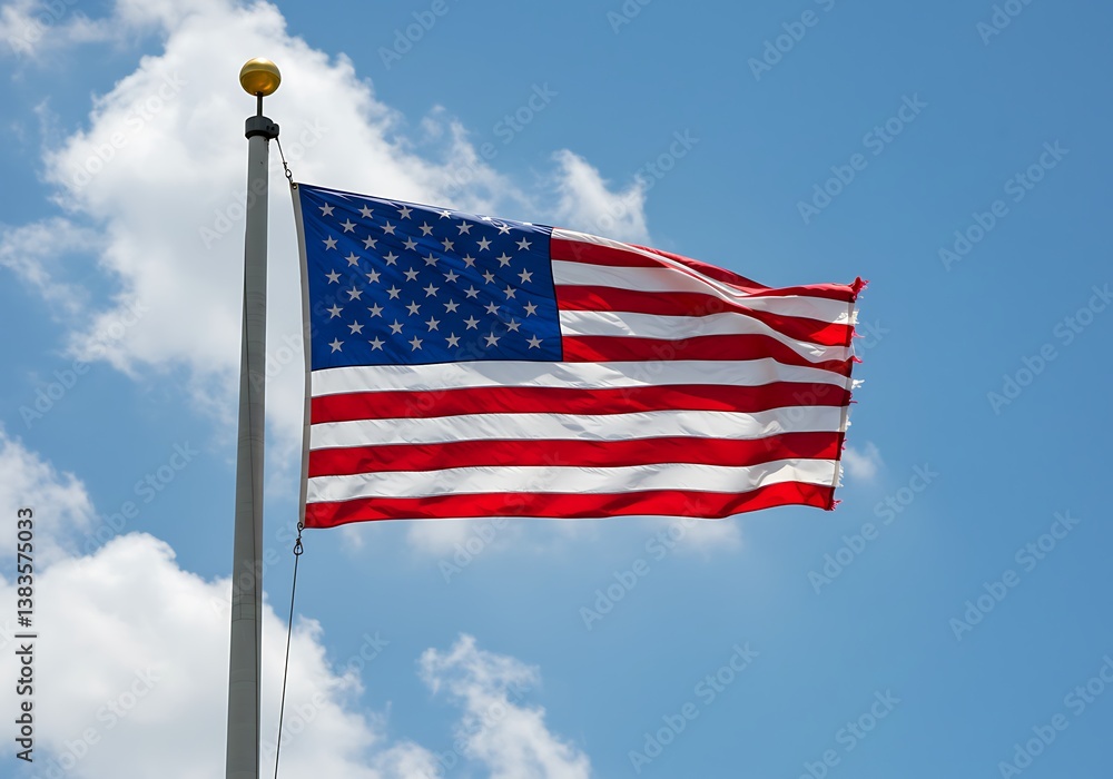 Fototapeta premium The American flag proudly waves against a vibrant blue sky, a symbol of freedom and patriotism on a bright sunny day.