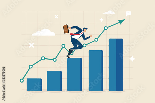 Business growth, challenge to success, career growing achievement, ambition or aspiration to achieve goal, development effort, improvement or winner step concept, businessman running up growth chart.