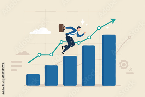 Business growth, challenge to success, career growing achievement, ambition or aspiration to achieve goal, development effort, improvement or winner step concept, businessman running up growth chart.