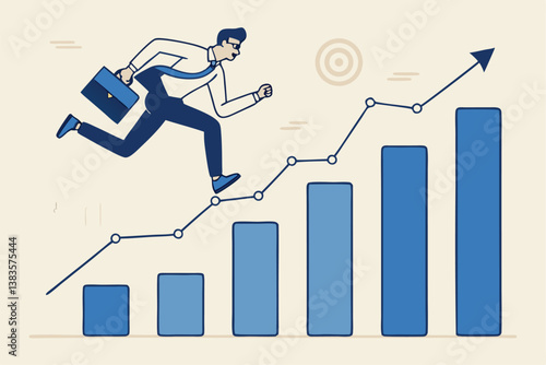 Business growth, challenge to success, career growing achievement, ambition or aspiration to achieve goal, development effort, improvement or winner step concept, businessman running up growth chart.