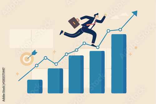 Business growth, challenge to success, career growing achievement, ambition or aspiration to achieve goal, development effort, improvement or winner step concept, businessman running up growth chart.