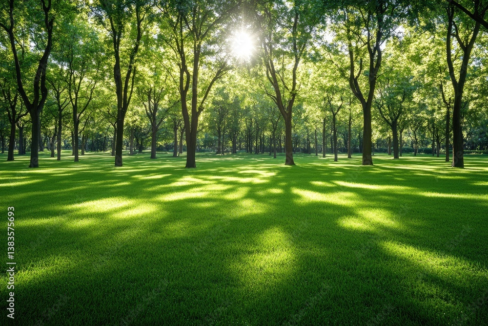 Fototapeta premium Sunlight Filtering Through Trees in a Lush Green Park 