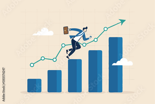 Business growth, challenge to success, career growing achievement, ambition or aspiration to achieve goal, development effort, improvement or winner step concept, businessman running up growth chart.