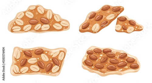 Crunchy Peanut Brittle Candy Pieces Set on White Background Illustration
