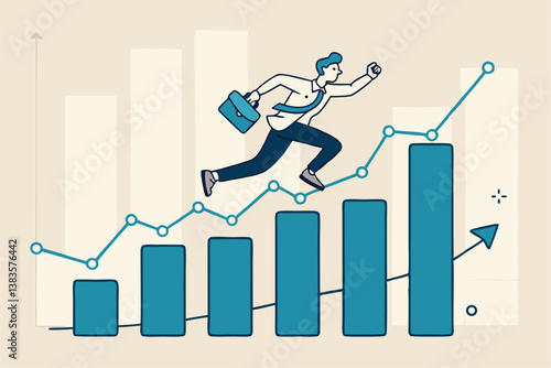 Business growth, challenge to success, career growing achievement, ambition or aspiration to achieve goal, development effort, improvement or winner step concept, businessman running up growth chart.