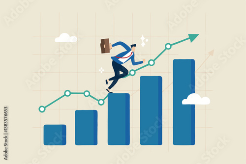 Business growth, challenge to success, career growing achievement, ambition or aspiration to achieve goal, development effort, improvement or winner step concept, businessman running up growth chart.