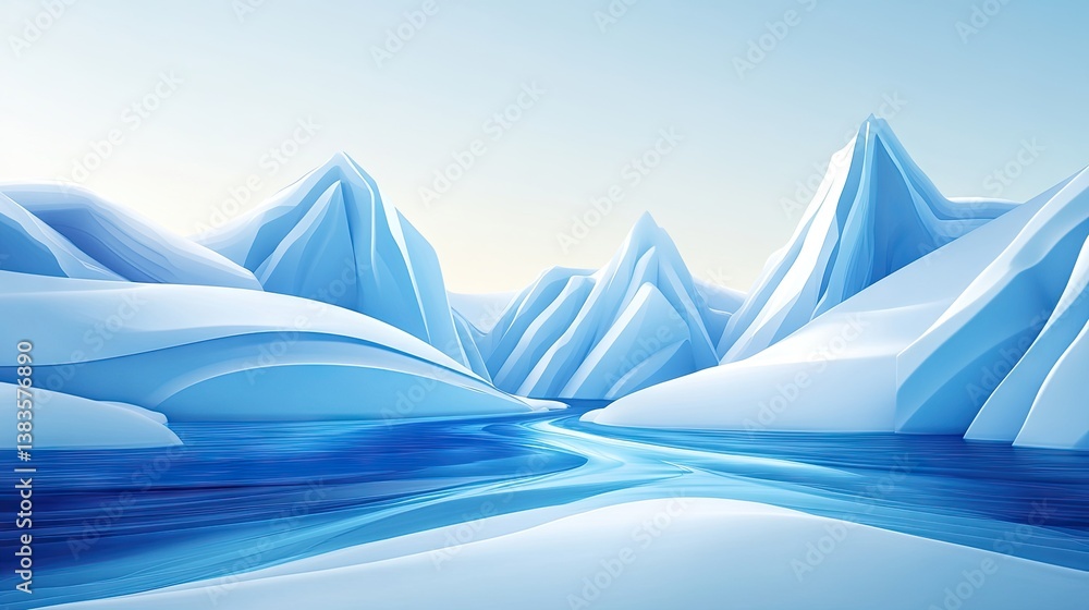 Frozen landscape with icy mountains and a flowing river Frozen landscape with icy mountains and a flowing river