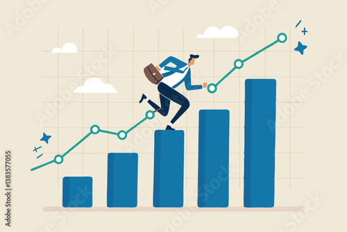 Business growth, challenge to success, career growing achievement, ambition or aspiration to achieve goal, development effort, improvement or winner step concept, businessman running up growth chart.