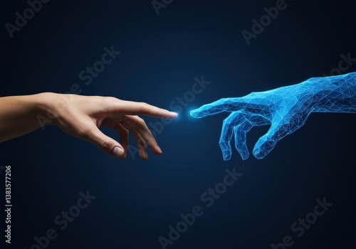 Two hands extending, one real and the other digital, with light connecting them in a creative design.