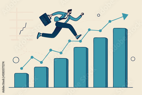 Business growth, challenge to success, career growing achievement, ambition or aspiration to achieve goal, development effort, improvement or winner step concept, businessman running up growth chart.