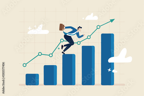 Business growth, challenge to success, career growing achievement, ambition or aspiration to achieve goal, development effort, improvement or winner step concept, businessman running up growth chart.