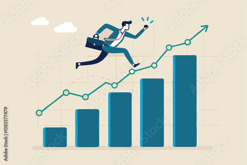 Business growth, challenge to success, career growing achievement, ambition or aspiration to achieve goal, development effort, improvement or winner step concept, businessman running up growth chart.