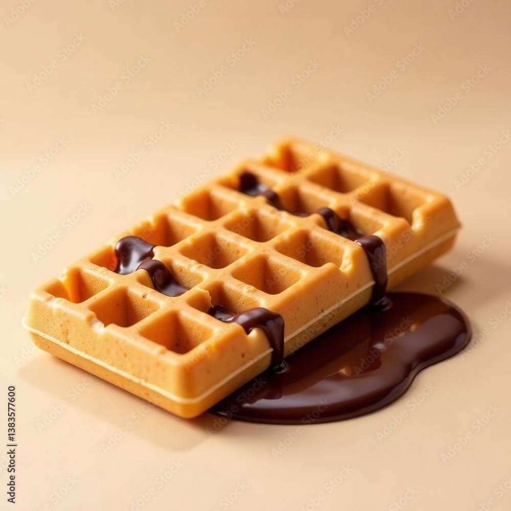 A beautifully crafted golden waffle rests on a soft surface generously drizzled with luscious chocolate sauce creating an enticing and delicious visual treat for dessert lovers. A beautifully crafted golden waffle rests on a soft surface generously drizzled with luscious chocolate sauce creating an enticing and delicious visual treat for dessert lovers.
