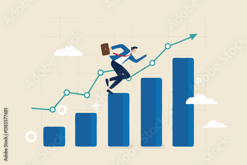 Business growth, challenge to success, career growing achievement, ambition or aspiration to achieve goal, development effort, improvement or winner step concept, businessman running up growth chart.