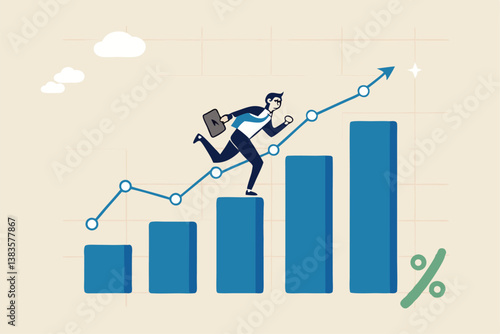 Business growth, challenge to success, career growing achievement, ambition or aspiration to achieve goal, development effort, improvement or winner step concept, businessman running up growth chart.