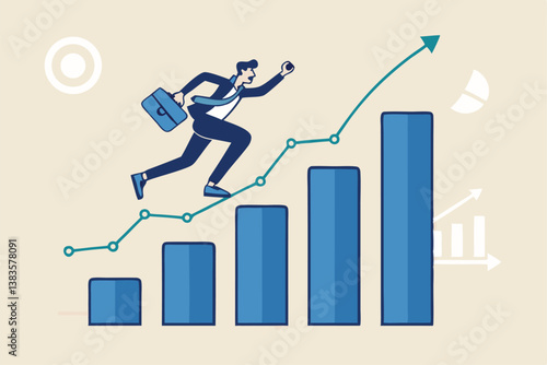Business growth, challenge to success, career growing achievement, ambition or aspiration to achieve goal, development effort, improvement or winner step concept, businessman running up growth chart.