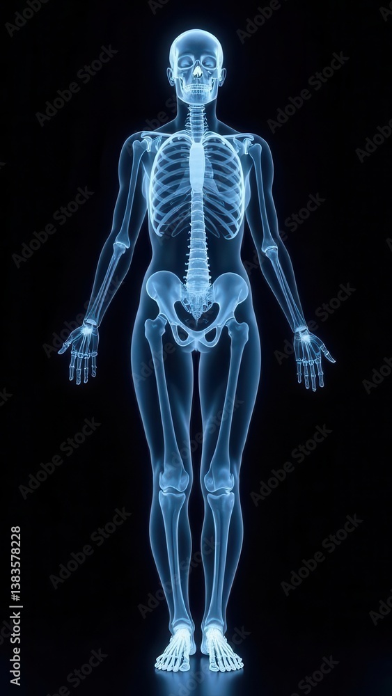 A captivating representation of human skeletal structure illuminated in blue. The figure stands tall against a dark background showcasing detailed bone positioning and alignment. A captivating representation of human skeletal structure illuminated in blue. The figure stands tall against a dark background showcasing detailed bone positioning and alignment.