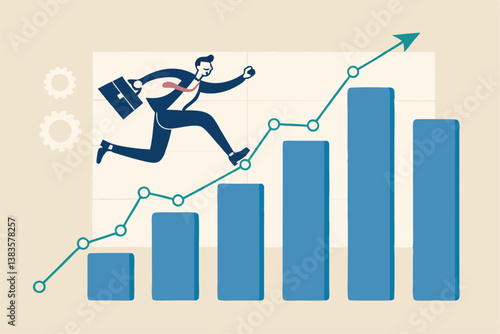 Business growth, challenge to success, career growing achievement, ambition or aspiration to achieve goal, development effort, improvement or winner step concept, businessman running up growth chart.