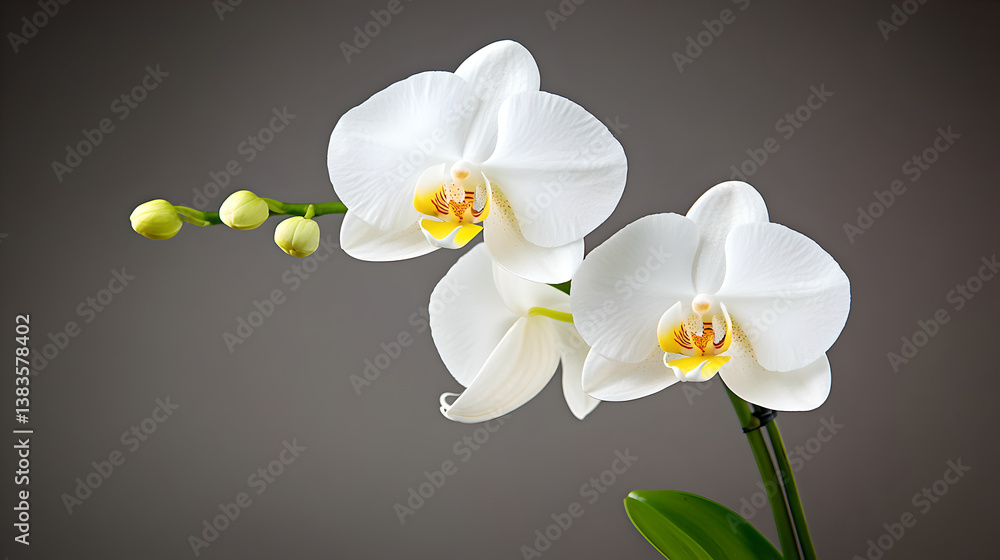 Fototapeta premium Two White Phalaenopsis Orchids on Gray Background