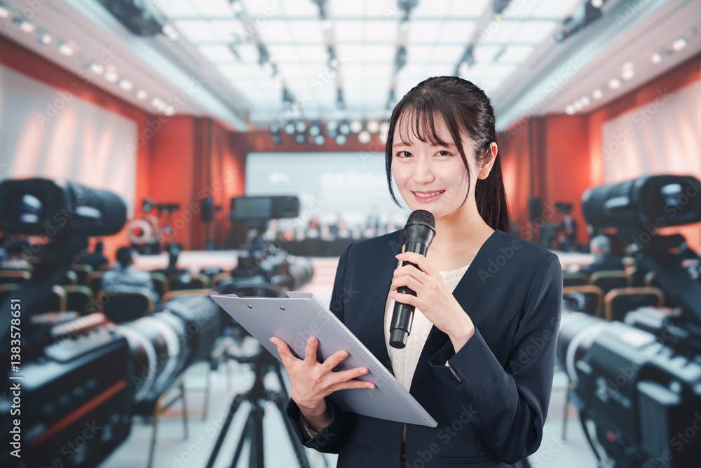 Fototapeta premium 記者会見場からレポートをする女性のアナウンサー