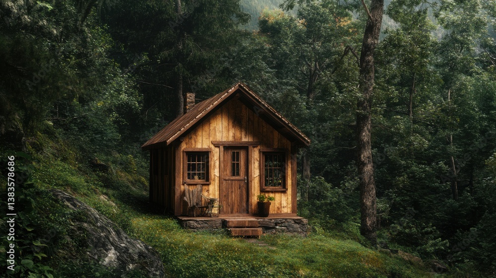 A rustic wooden cabin led in a lush green forest on a hillside enjoys the tranquility of nature's embrace offe a peaceful escape. A rustic wooden cabin led in a lush green forest on a hillside enjoys the tranquility of nature's embrace offe a peaceful escape.