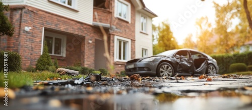 Damaged car near house after accident; debris scattered