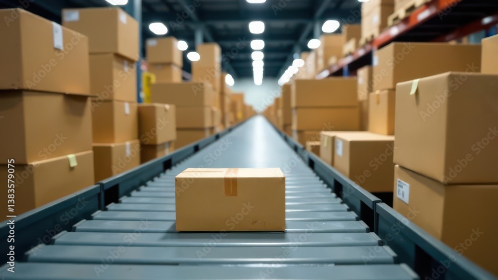A conveyor belt stretches through a bustling distribution center carrying packages of all sizes. Workers operate nearby ensuring smooth logistics and delivery efficiency. A conveyor belt stretches through a bustling distribution center carrying packages of all sizes. Workers operate nearby ensuring smooth logistics and delivery efficiency.
