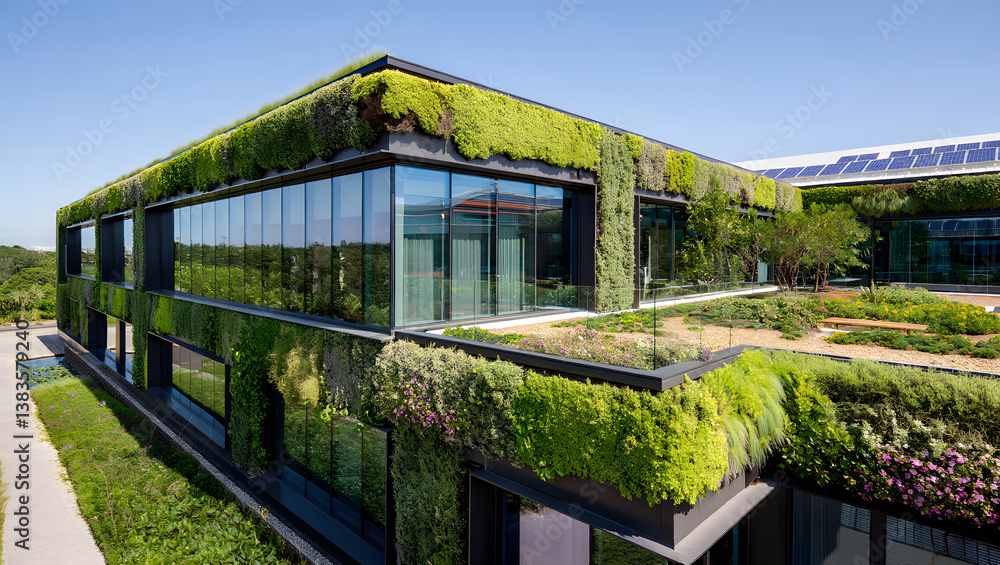 A stunning modern building embraces nature with vibrant green walls and rooftop gardens, under a blue sky. A stunning modern building embraces nature with vibrant green walls and rooftop gardens, under a blue sky.