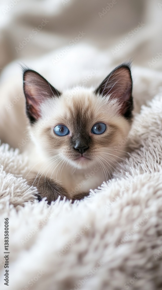 Adorable Siamese cat with striking blue eyes resting on soft blanket, showcasing its unique features and playful nature, perfect for pet lovers and animal photography concept Adorable Siamese cat with striking blue eyes resting on soft blanket, showcasing its unique features and playful nature, perfect for pet lovers and animal photography concept