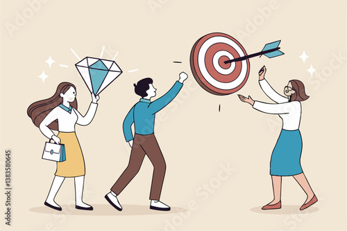 Mission, vision and value, company statement to drive success, strategy plan or leadership principle for employee to reach target concept, business people holding mission, vision and value elements.